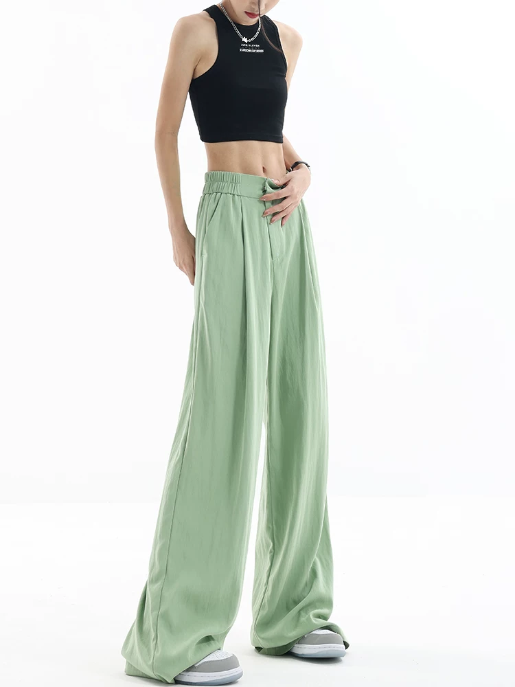 Quần tây ống rộng bằng vải lụa băng KEN STUDIO dành cho nữ, quần mỏng xếp ly mùa hè thiết kế lười biếng, quần thường ngày rộng rãi