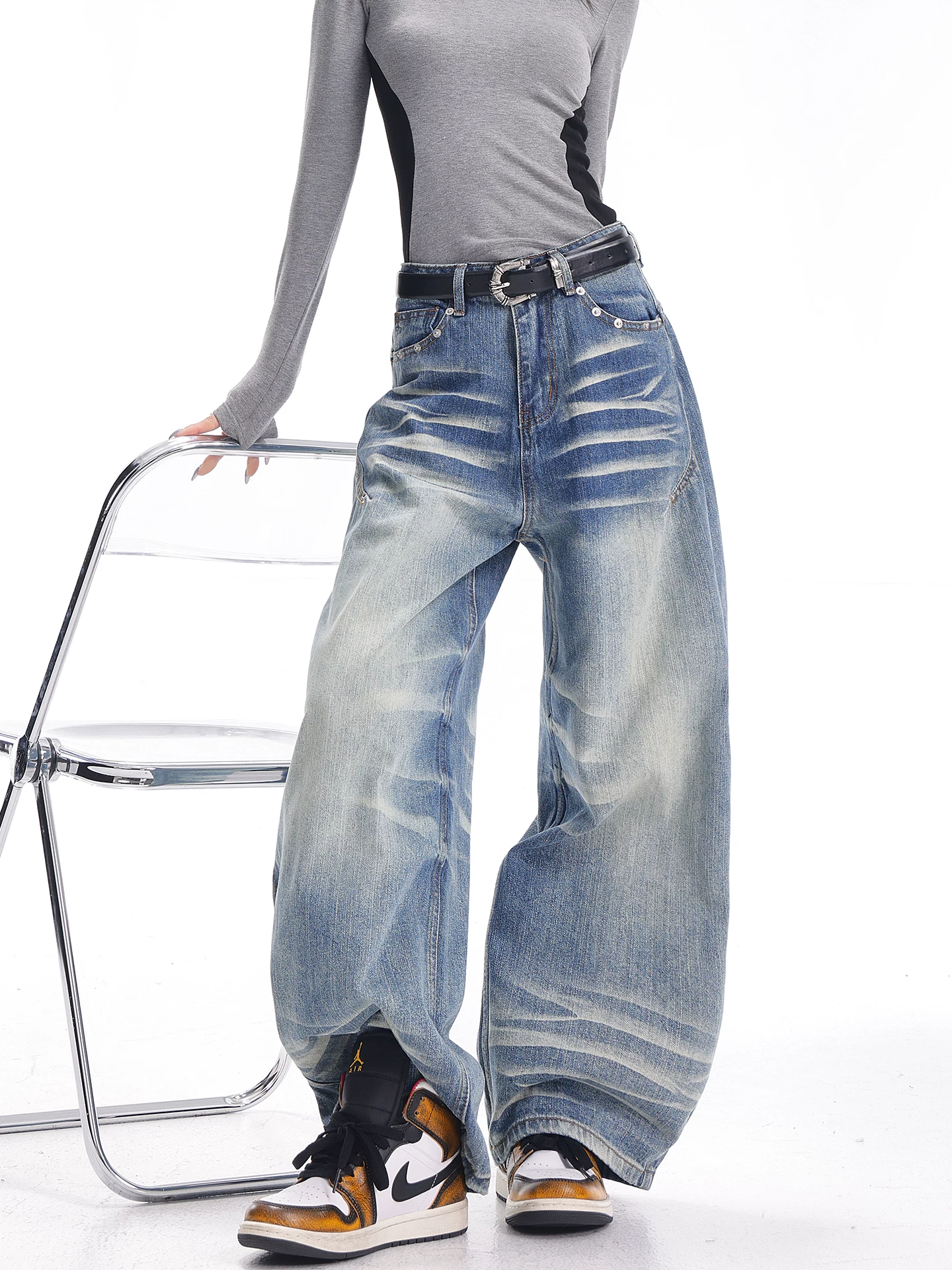 KEN STUDIO quần jean xanh có râu phong cách retro mới mùa thu đông dành cho nữ, quần ống rộng đa năng giảm béo ba chiều