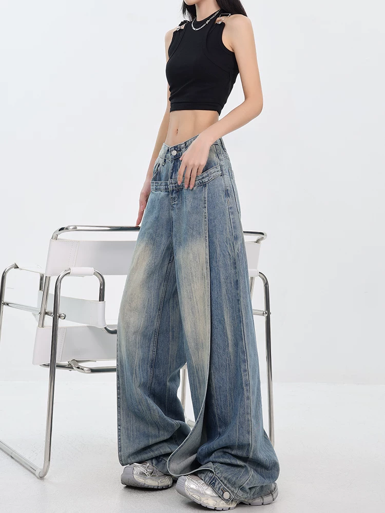 KEN STUDIO Xuân Thu Mới Vintage Niche Deconstructed Thiết kế đã qua xử lý Giặt quần jean Giảm béo Quần ống rộng