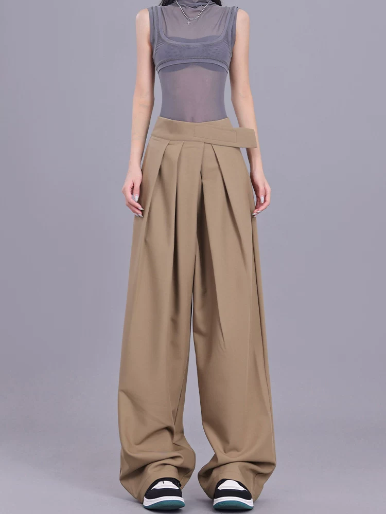 KEN STUDIO【Classic nguyên bản】Quần có khóa dán dành cho nữ, Quần ống rộng dáng suông, Quần âu