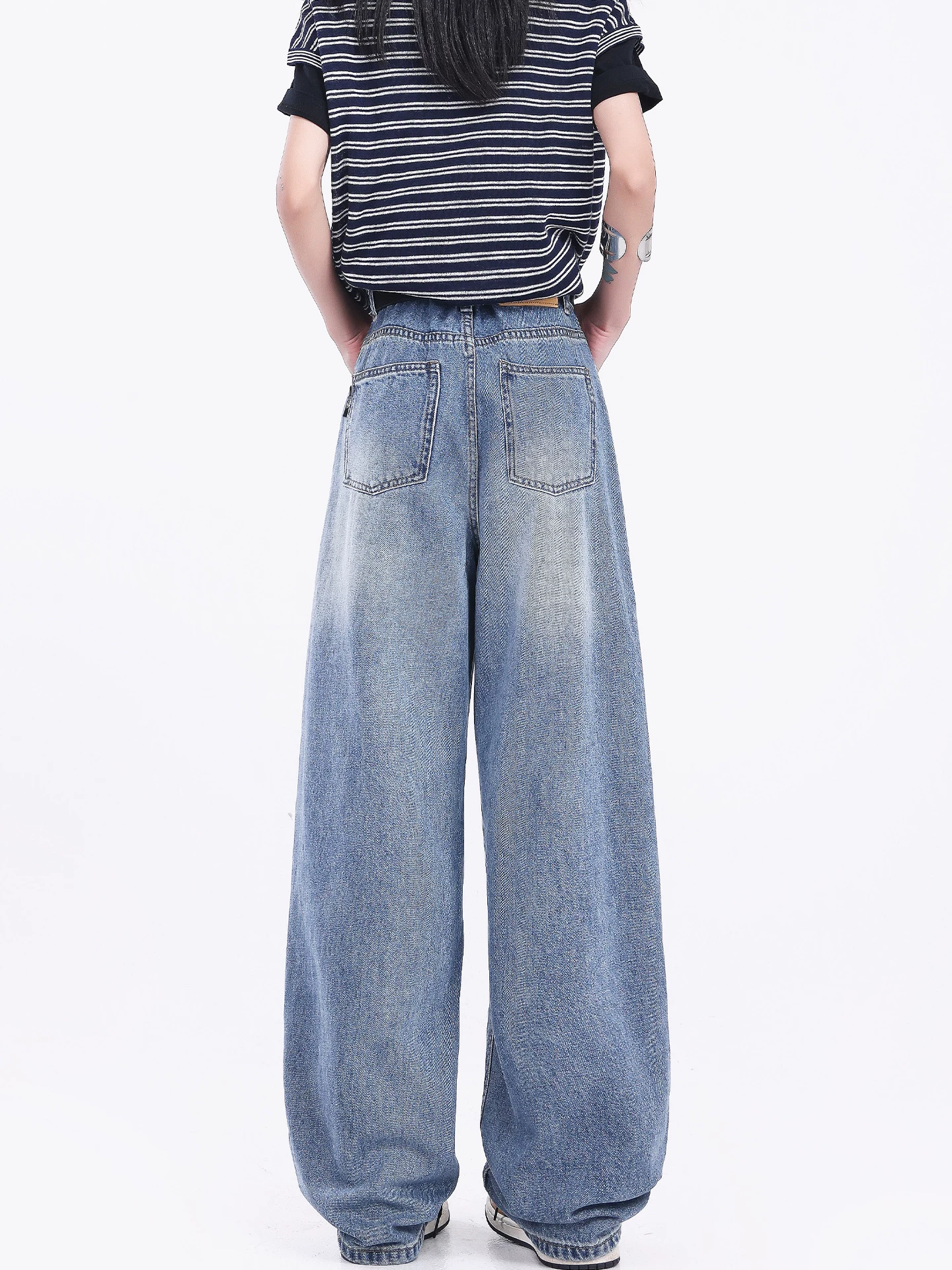 KEN STUDIO Quần jean ống đứng màu xanh cổ điển kiểu Mỹ dành cho nữ, quần ống rộng lưng cao mùa hè mới