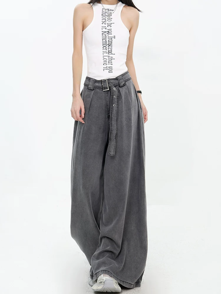 KEN STUDIO mùa hè mới kiểu Mỹ cổ điển màu đen siêu mềm mỏng quần denim ống rộng dáng rộng giảm béo