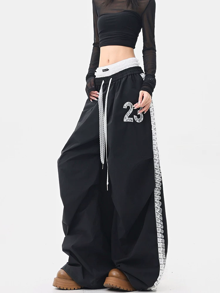 KEN STUDIO nhảy đường phố hợp thời trang thương hiệu ren chắp vá quần âu nữ dáng rộng thẳng lưng thun nhảy jazz quần mùa hè