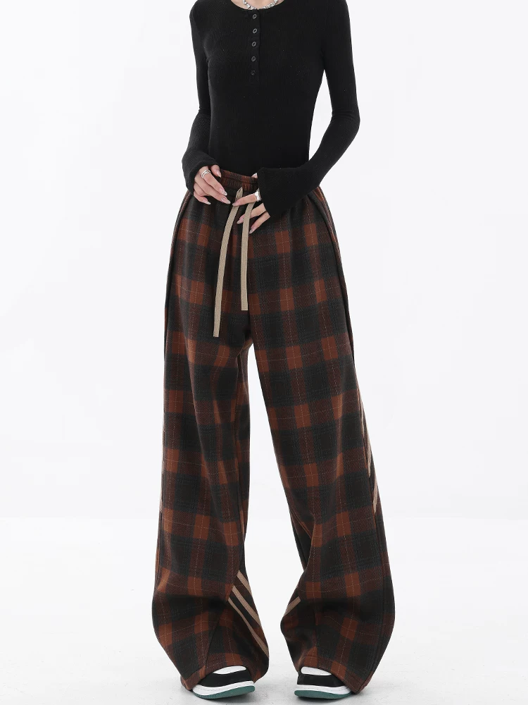 KEN STUDIO quần kẻ sọc giản dị theo phong cách retro mới mùa thu đông dành cho nữ với thiết kế màu sắc tương phản quần ống rộng thẳng