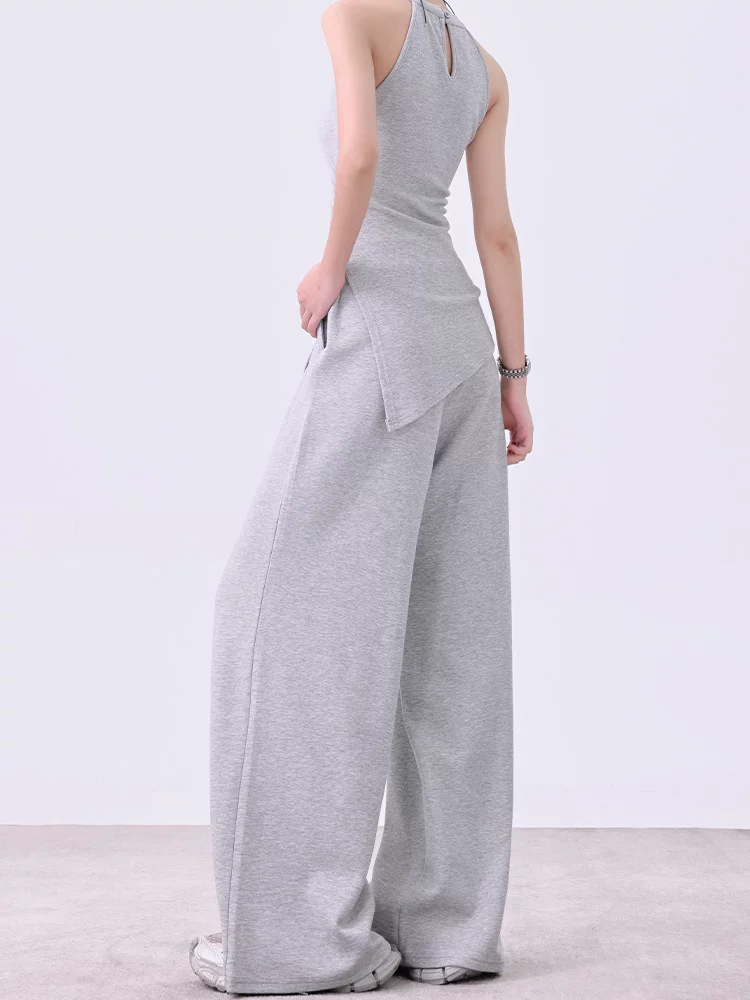 KEN STUDIO Bộ vest màu xám thanh lịch phong cách Hàn Quốc dành cho nữ, áo ba lỗ ôm sát, quần ống rộng dáng rộng, quần thể thao