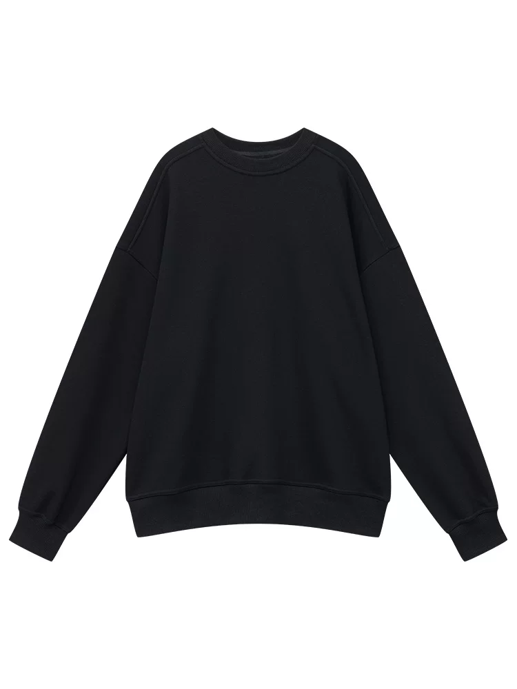 KEN STUDIO Áo len cổ tròn nhung đen mới thu đông dành cho nữ, dáng rộng và đa năng, áo chui đầu thông thường giúp giảm béo