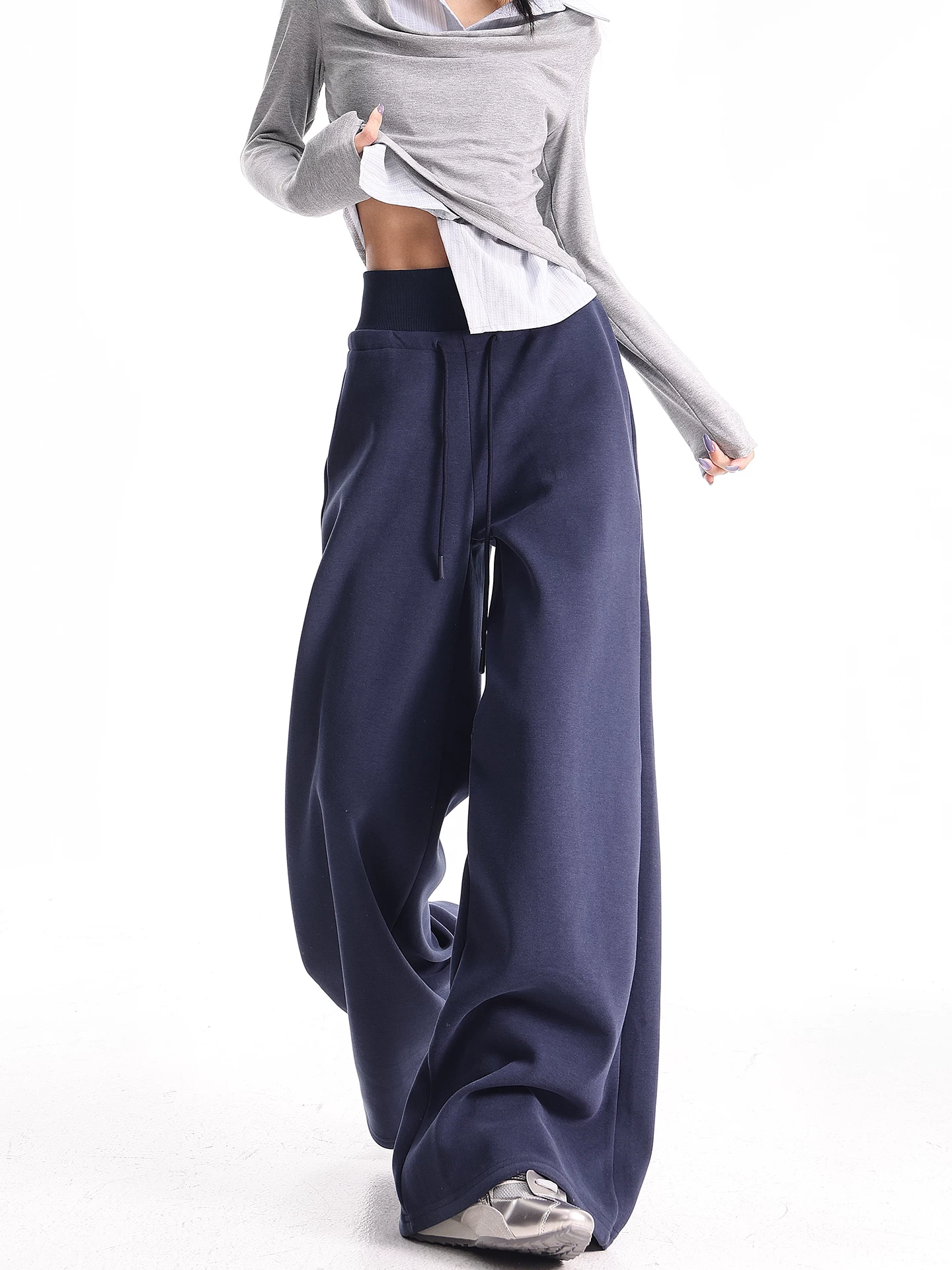 KEN STUDIO Quần thể thao dáng rộng màu xanh lam phong cách Mỹ mới dành cho nữ, có lót lông cừu, dày dặn, quần thể thao ống rộng