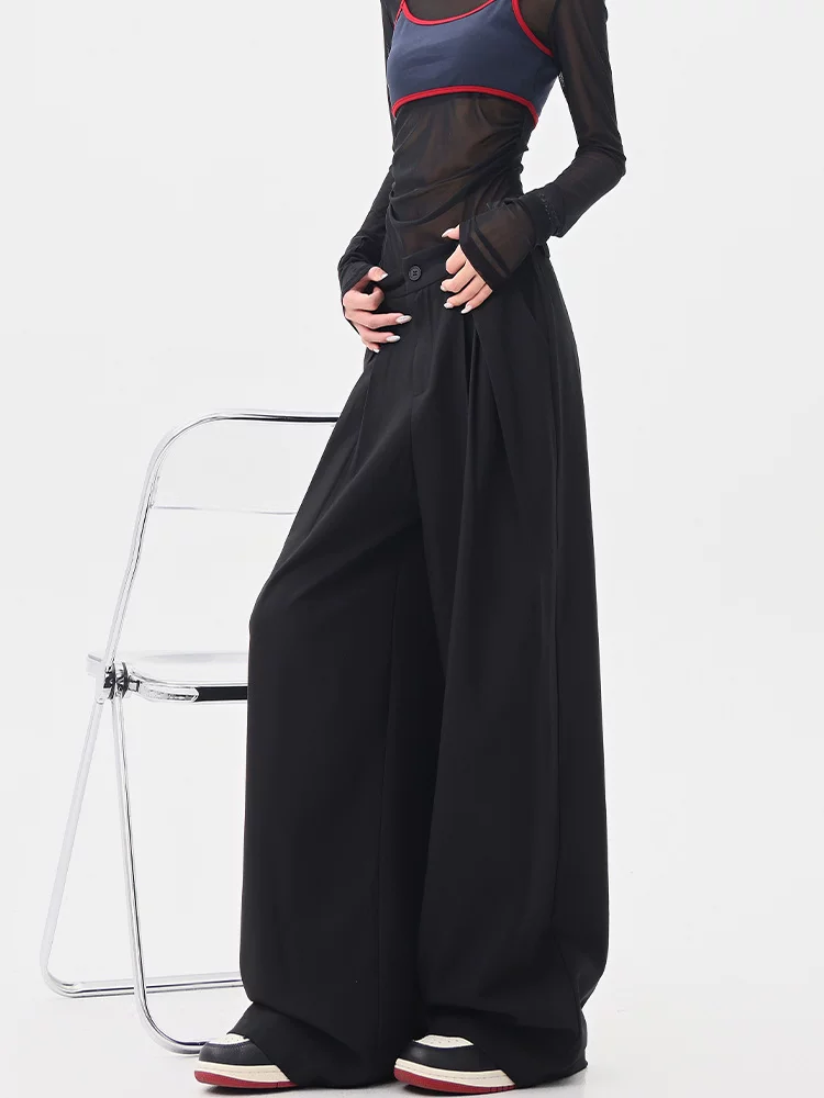 KEN STUDIO mùa hè mới quần âu xếp ly ba chiều màu đen dành cho nữ, quần ống rộng dáng rộng cạp cao thẳng