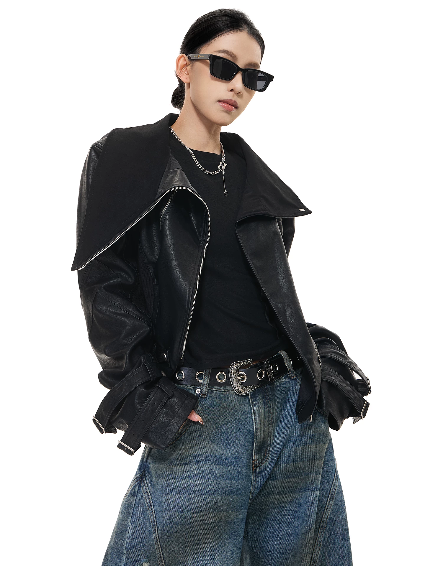 Áo khoác da biker phối màu đen mùa thu mới của KEN STUDIO dành cho nữ, áo khoác ngắn ôm dáng