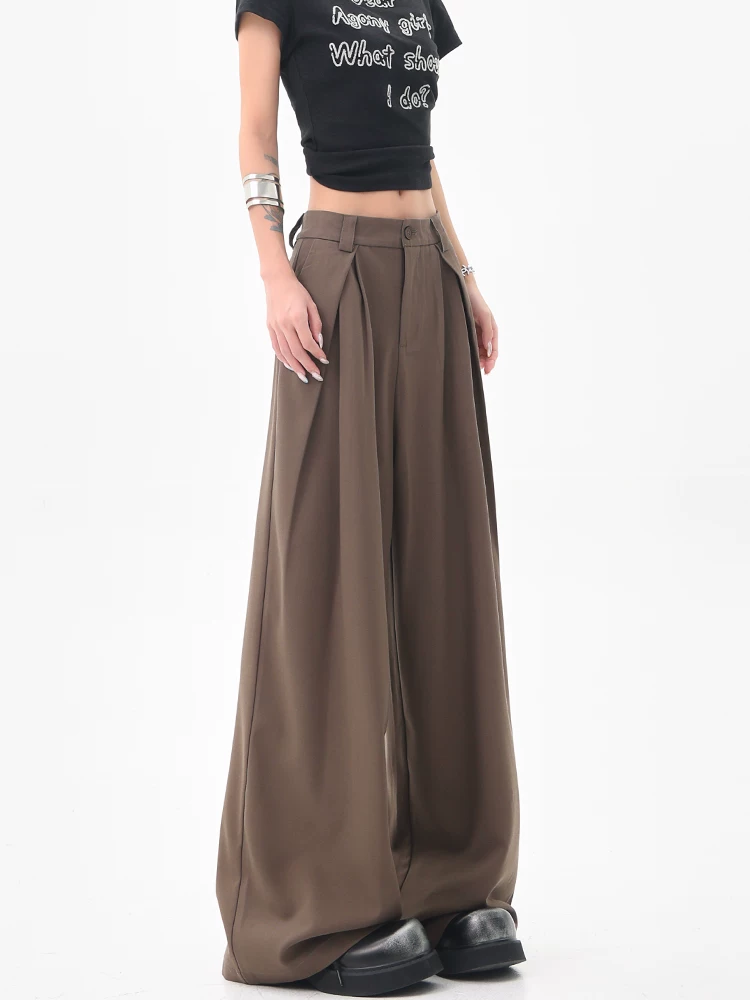 KEN STUDIO Quần âu ống rộng màu cà phê Melard dành cho nữ, phong cách mùa hè mới, quần xếp ly dáng rộng và xếp ly thông thường