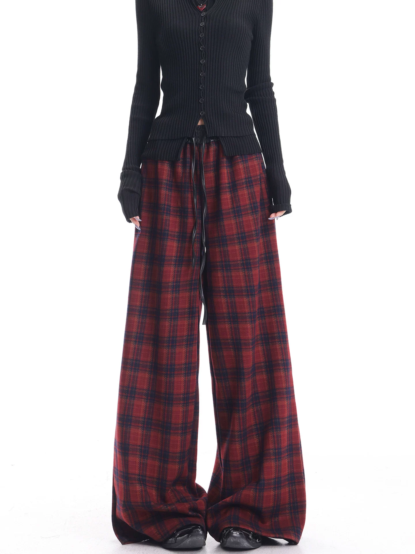 KEN STUDIO Quần kẻ sọc dày lót lông cừu màu đỏ thu đông mới dành cho nữ có eo co giãn và quần ống rộng bằng vải chắp vá