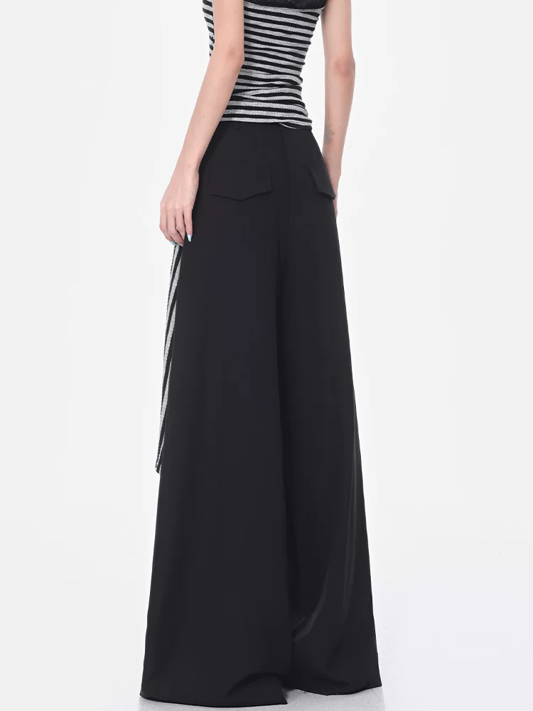 KEN STUDIO mùa hè mới quần tây ống rộng màu đen mỏng dành cho nữ quần tây xếp ly cạp cao quần dài xếp ly dài đến sàn