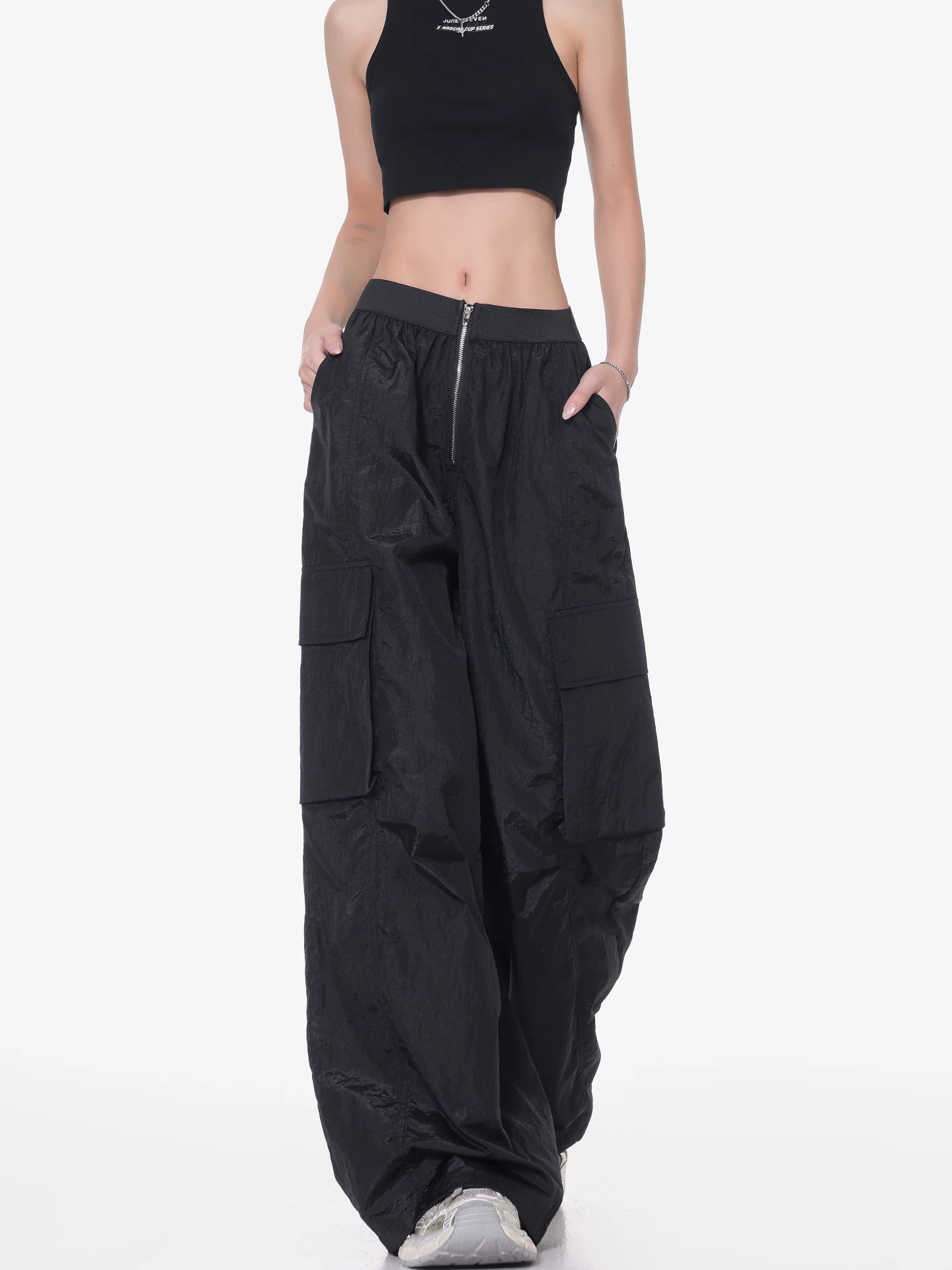 KEN STUDIO mùa hè mới quần cargo mỏng màu đen dành cho nữ có lưng thun, quần ống rộng, quần ống rộng lưng cao, quần thường ngày rộng rãi