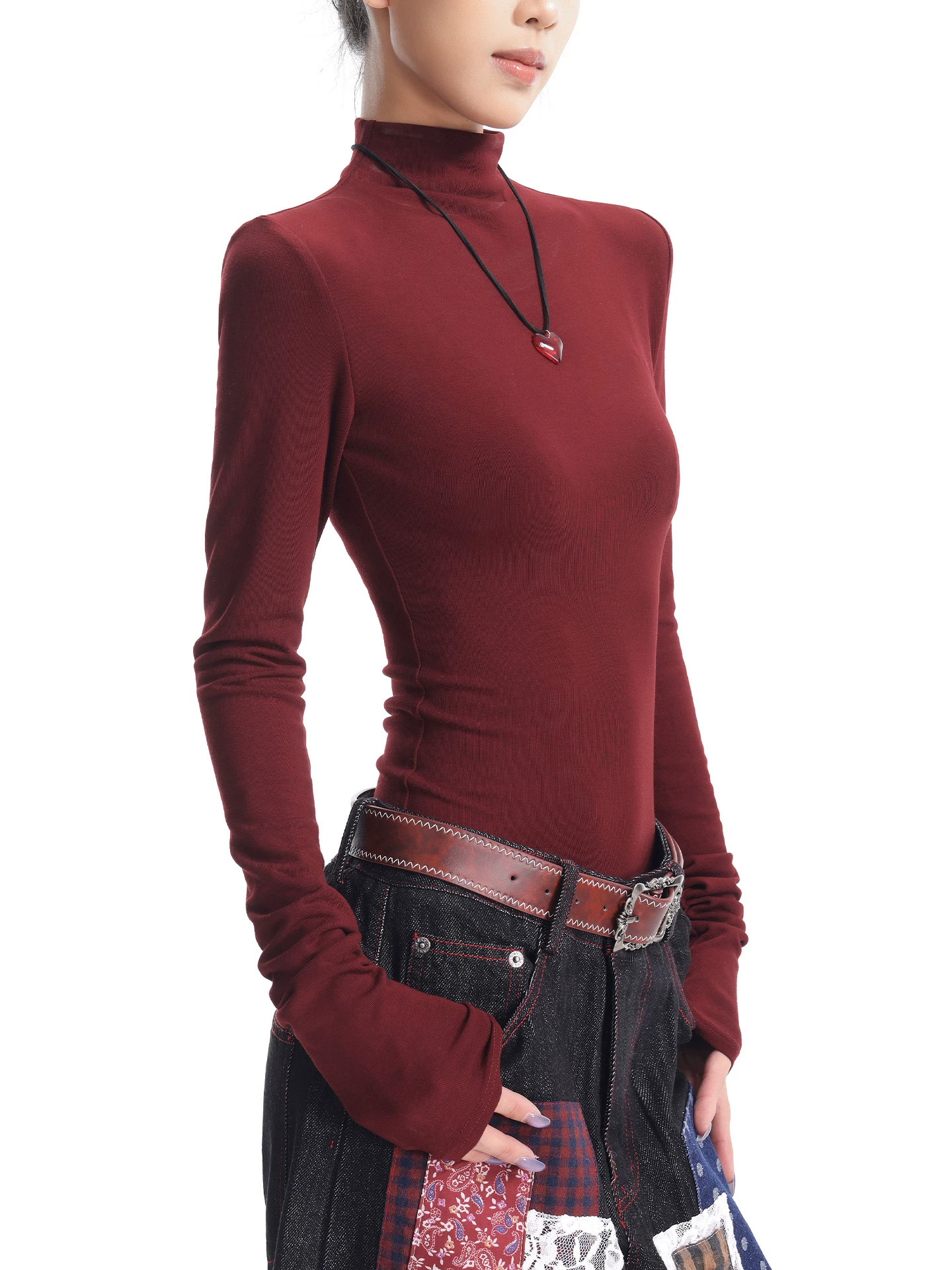 KEN STUDIO Áo thun dài tay dệt kim màu đỏ rượu vang mới thu đông dành cho nữ với cổ lọ nửa cao và kiểu dáng ôm sát bên trong áo sơ mi xếp lớp