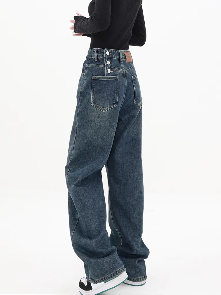 Quần jeans ống rộng màu xanh retro lót lông cừu mùa thu đông KEN STUDIO2025 dành cho nữ, kiểu dáng thẳng, rộng rãi, thoải mái