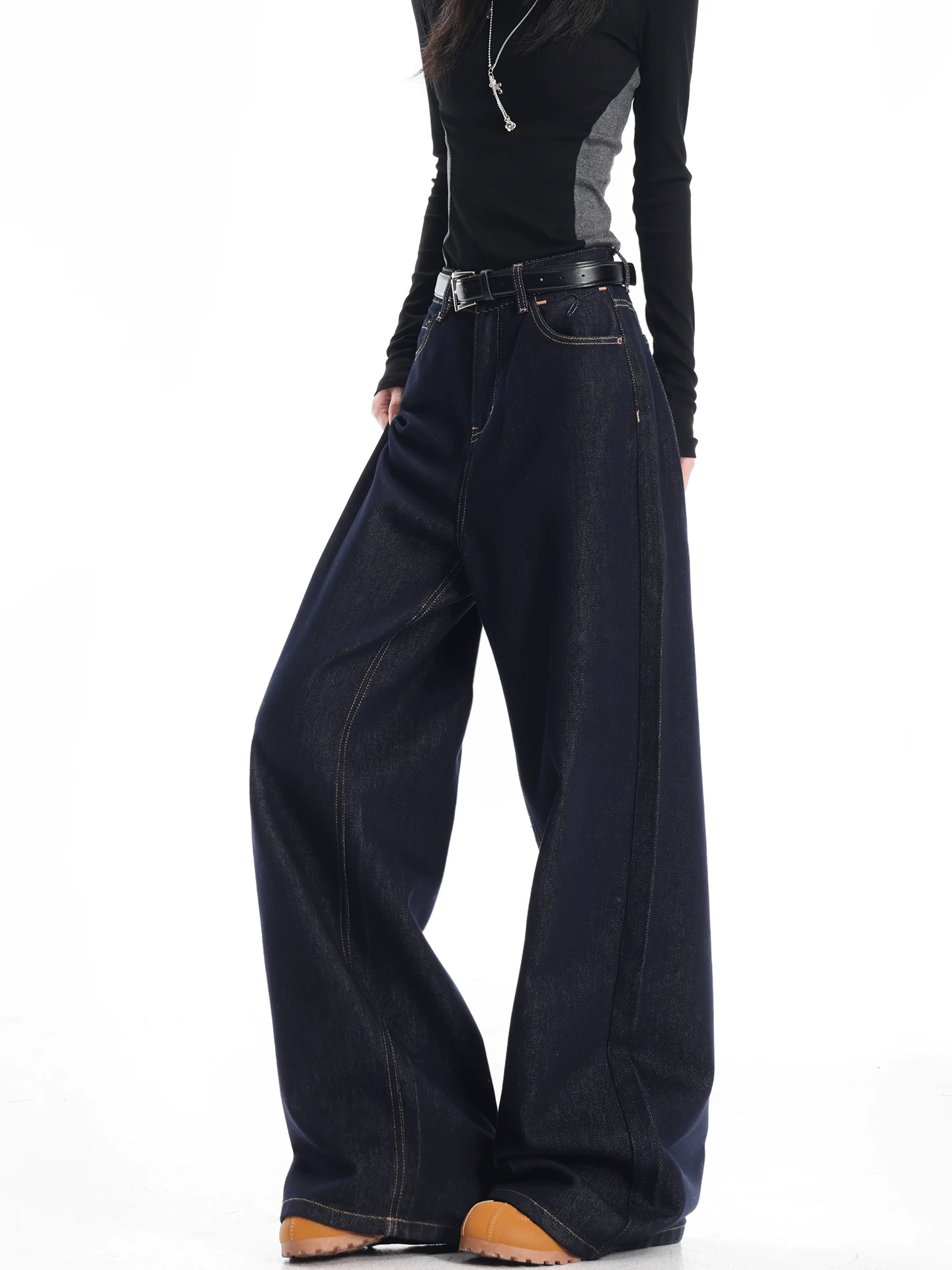 KEN STUDIO quần jean ống rộng màu xanh đậm có lót lông cừu mùa thu đông dành cho nữ quần dài ống rộng lưng cao dáng rộng