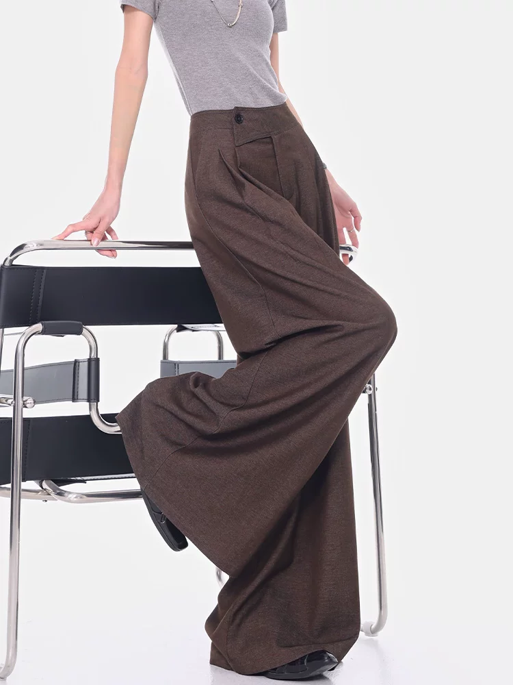 KEN STUDIO Xuân Thu Quần dài ống rộng màu cà phê mới dành cho nữ Quần dài ống rộng lưng cao đa năng Quần dài ống rộng dài đến sàn