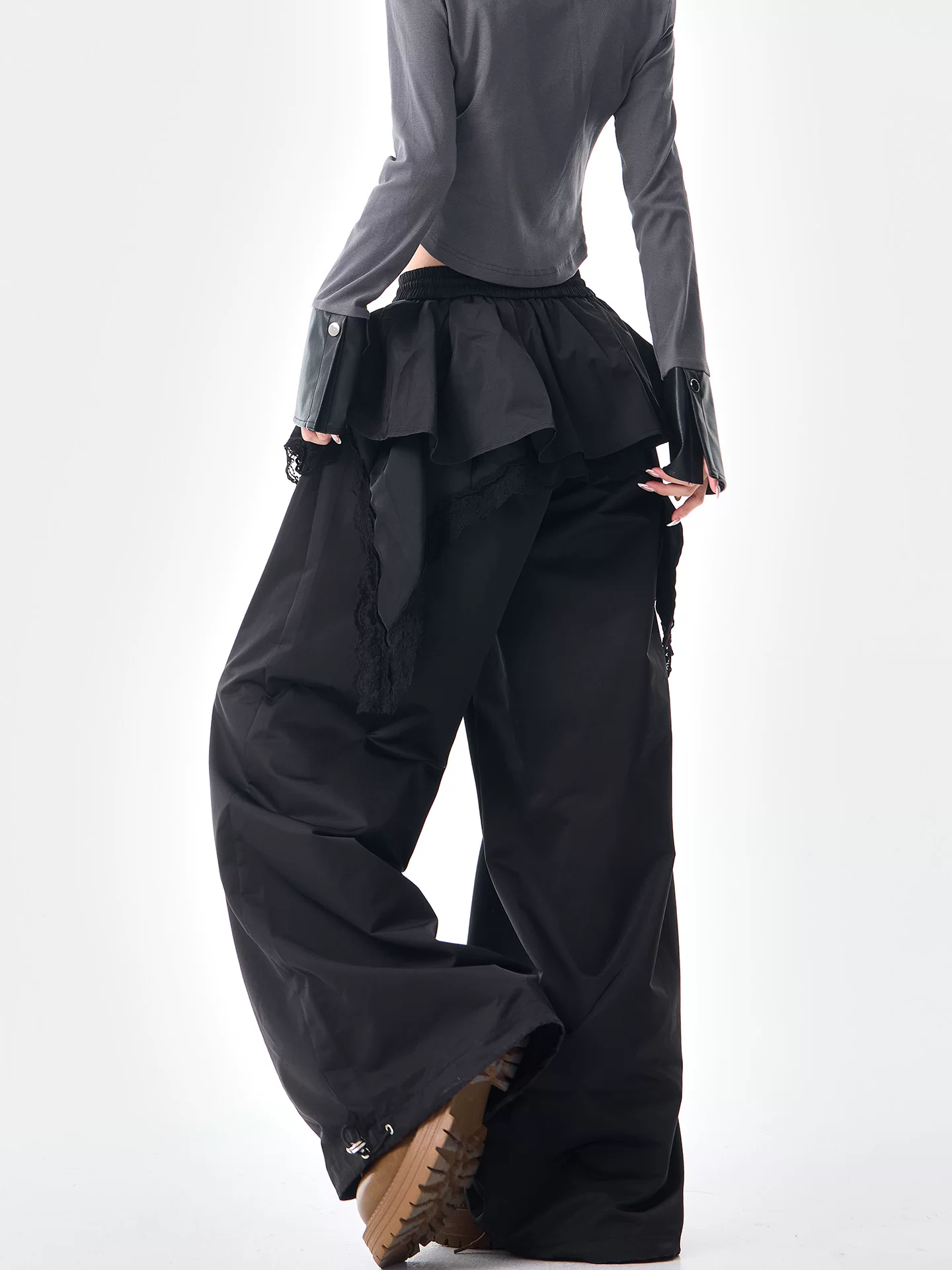 KEN STUDIO đầu mùa thu phong cách mới quần giả hai mảnh màu đen ống rộng kiểu dáng giản dị dành cho nữ với thiết kế viền ren quần ống thẳng