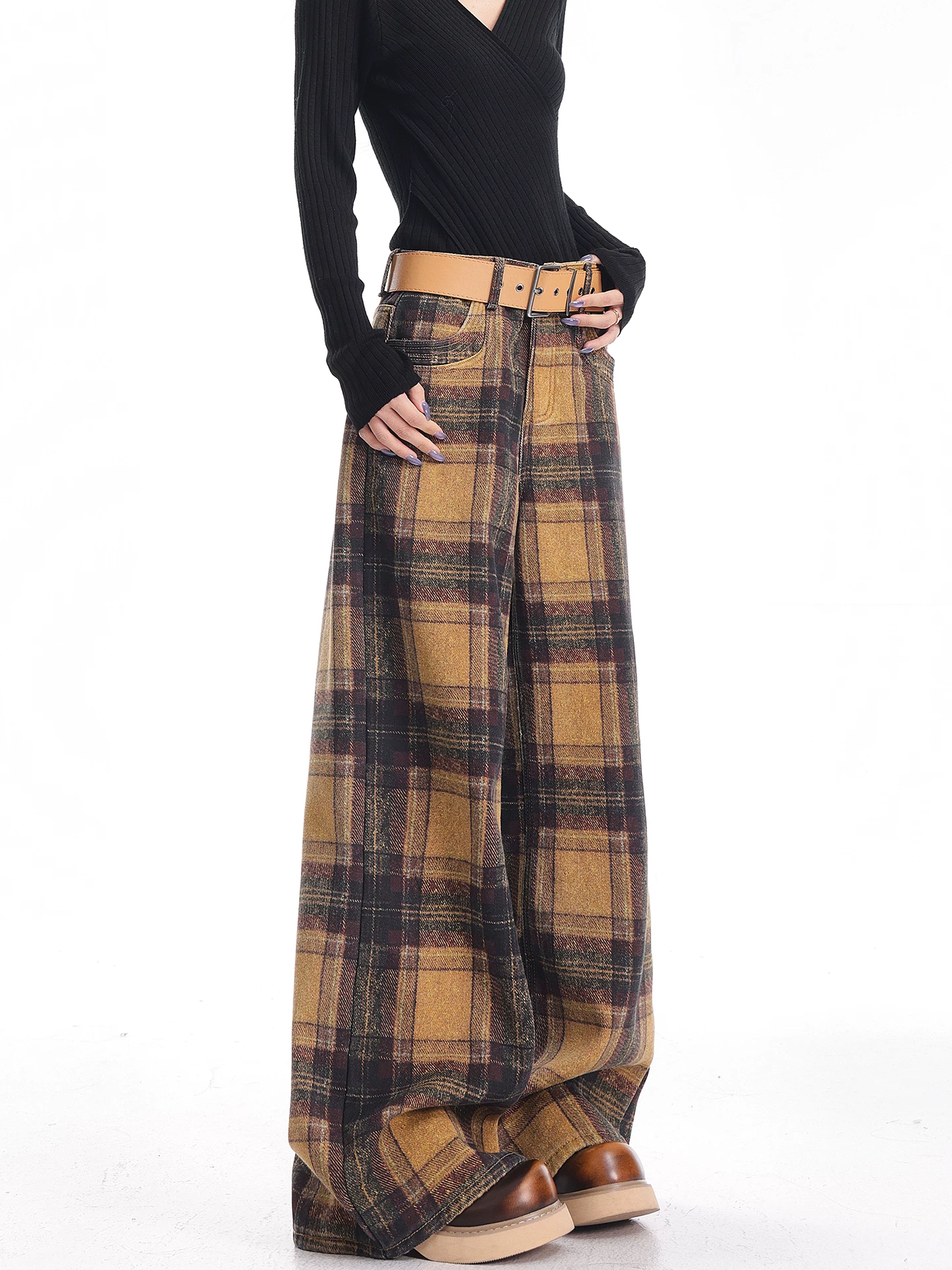 KEN STUDIO quần jean kẻ sọc lót lông màu vàng mới mùa thu đông dành cho nữ, quần ống rộng đa năng theo phong cách retro Mỹ