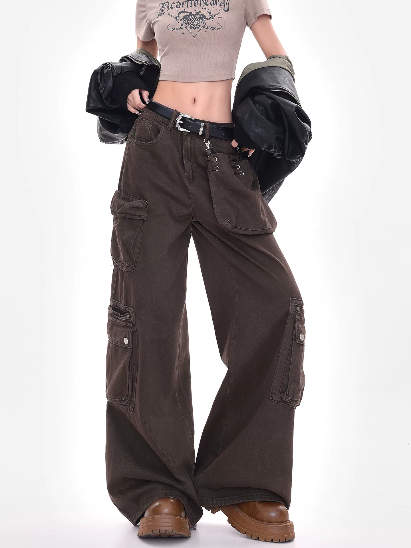 KEN STUDIO quần cargo màu cà phê mới đầu thu dành cho nữ, quần ống rộng thiết kế cổ điển kiểu Mỹ.