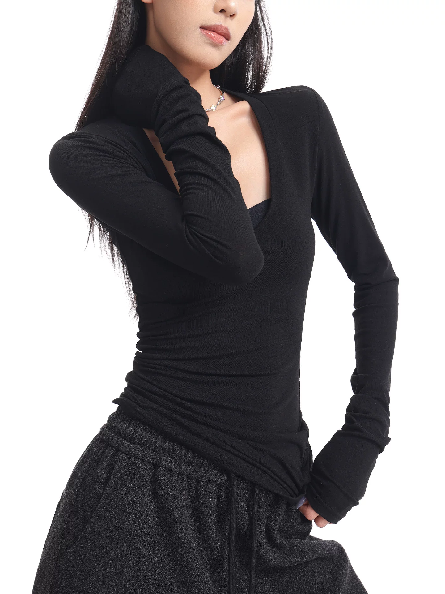 KEN STUDIO Áo thun dài tay cổ chữ V màu đen thu đông mới dành cho nữ, dáng ôm, áo lót đa năng, áo trong