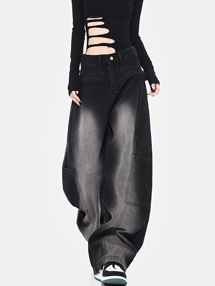 Quần jean kiểu cổ điển KEN STUDIO dành cho nữ, quần ống rộng dáng rộng lót lông cừu mùa thu đông, quần hình liềm, quần dài đến sàn