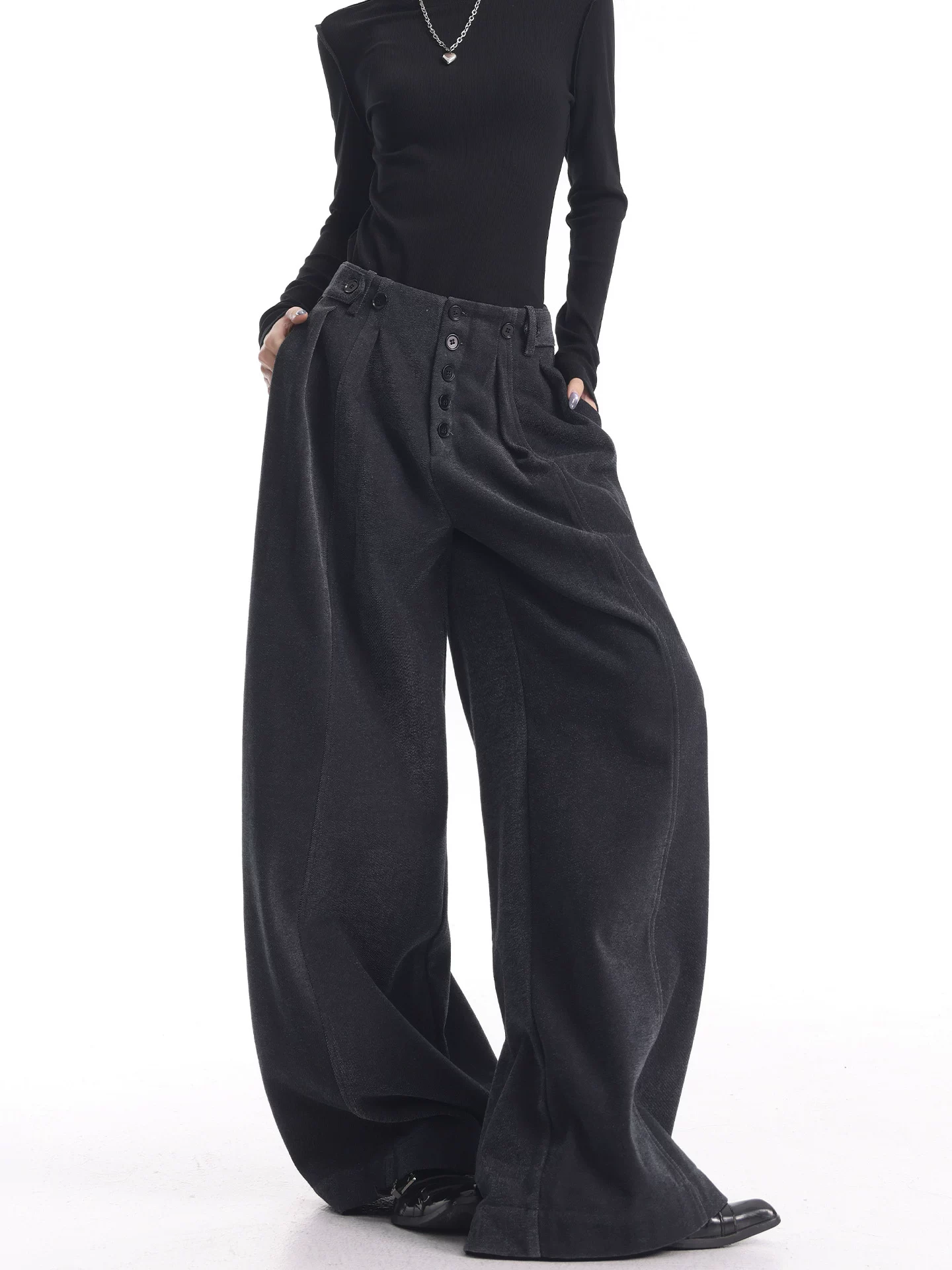 KEN STUDIO Quần thường ngày dày dặn có lót lông cừu màu xám hoa mùa thu đông mới dành cho nữ với thiết kế nhiều khuy quần ống rộng