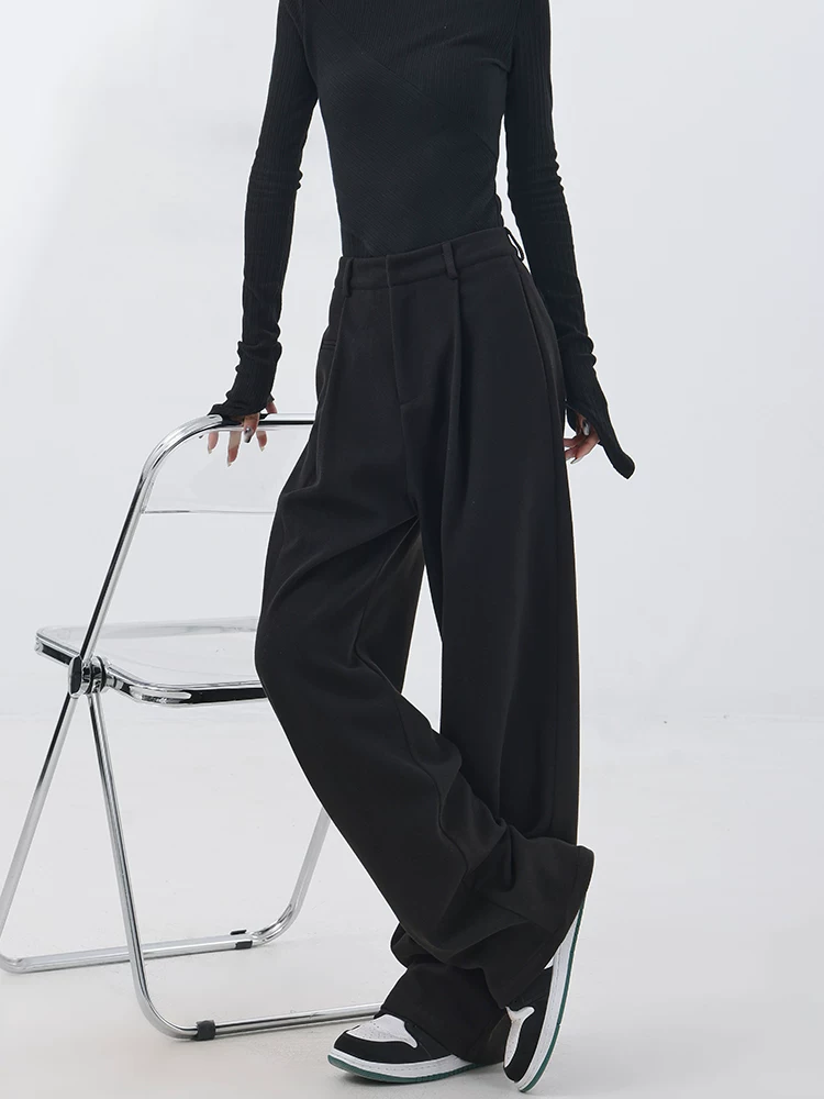 KEN STUDIO quần dài thẳng dày dặn bằng len mùa thu đông nguyên bản dành cho nữ, quần ống rộng dáng rộng giảm béo