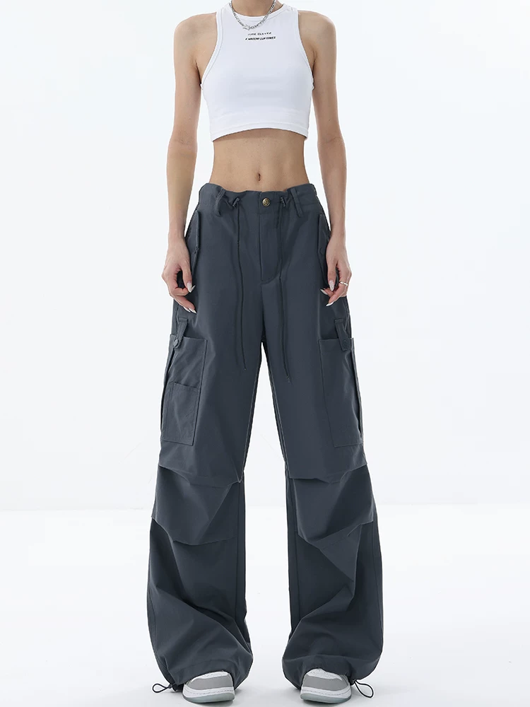 KEN STUDIO quần cargo ống rộng mới mùa xuân hè dành cho nữ, phong cách Mỹ, có dây thắt lưng, thiết kế túi lớn, quần jogger.