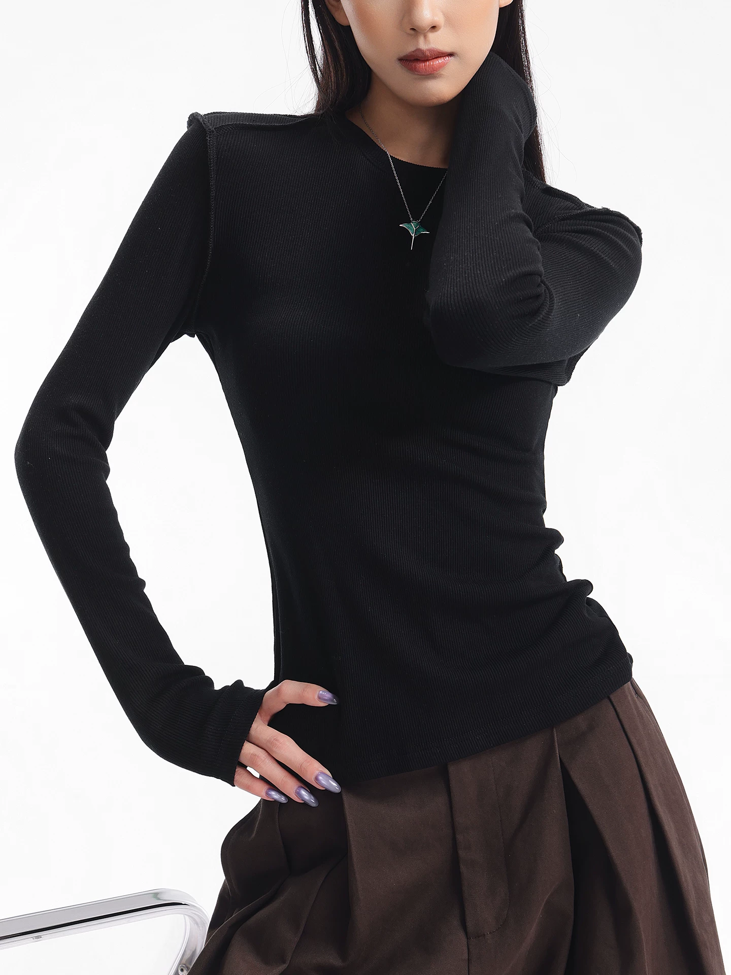 Áo thun dài tay dệt kim màu đen thường ngày của KEN STUDIO mùa thu đông dành cho nữ, áo sơ mi cơ bản có họa tiết ôm vừa vặn