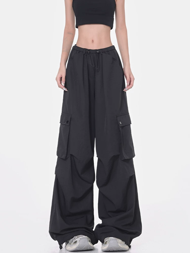 Quần cargo ống rộng màu đen của KEN STUDIO dành cho nữ, quần ống đứng mỏng mùa hè, quần thể thao nhanh khô, quần lính dù