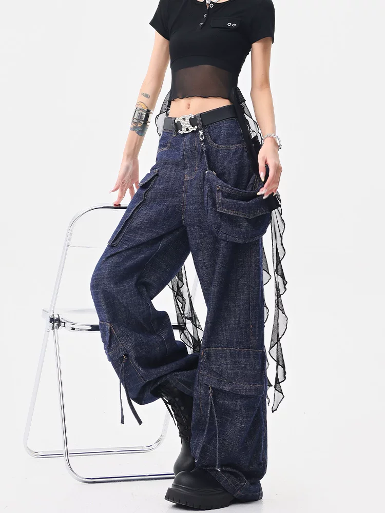 KEN STUDIO Quần jean công sở màu xanh cổ điển của Mỹ dành cho nữ, thiết kế nhiều túi mùa hè, quần dài rộng đến sàn