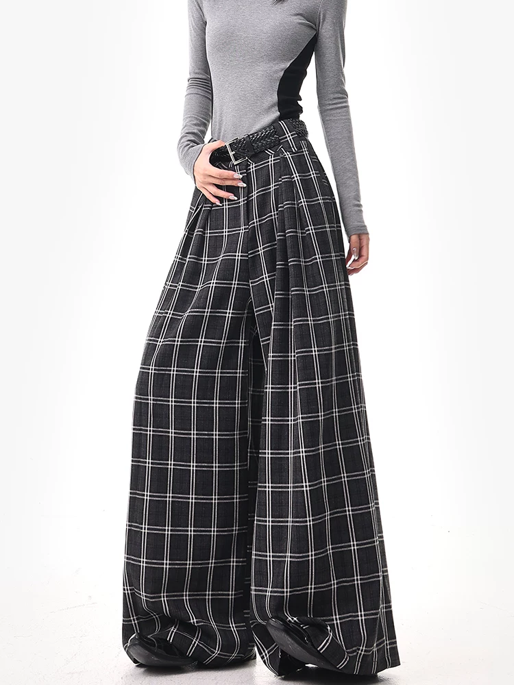 KEN STUDIO Quần kẻ sọc đen mùa hè và mùa thu mới dành cho nữ, quần ống rộng thẳng kiểu dáng lười biếng, quần vest.