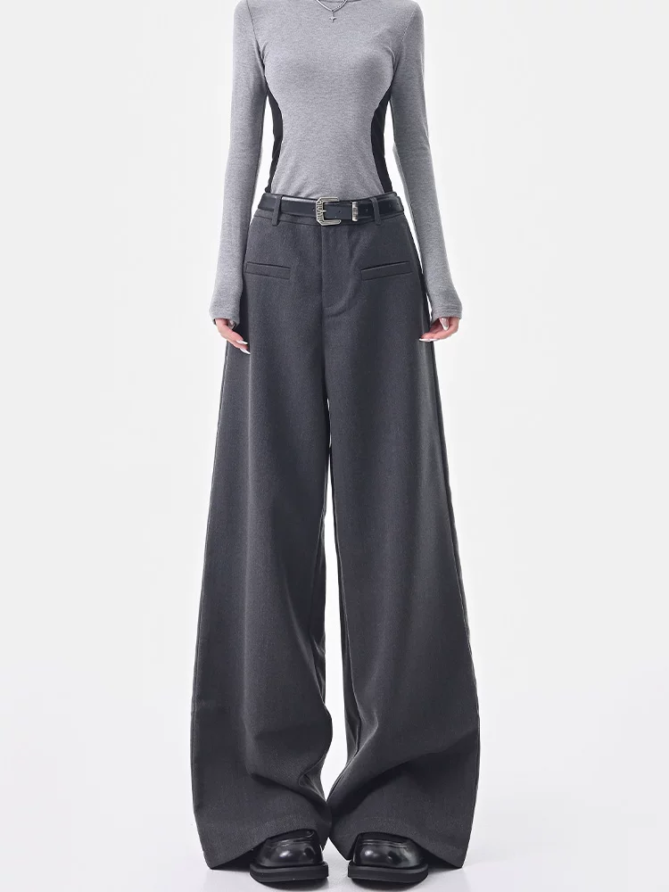 KEN STUDIO quần vest màu xám mới đầu thu dành cho nữ, quần ống rộng ống thẳng có một túi, quần thường ngày giúp thon gọn.