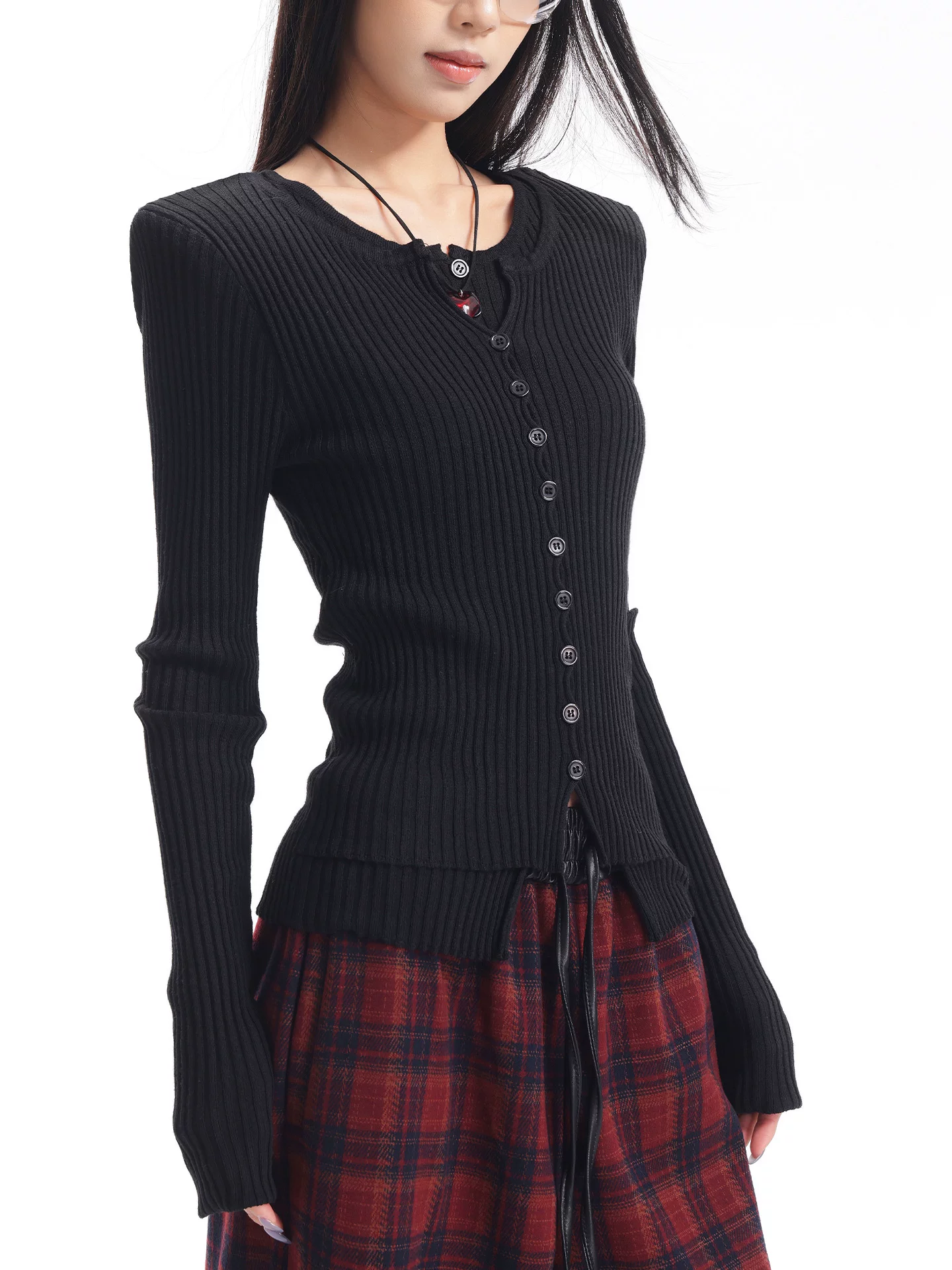 KEN STUDIO Áo dệt kim dài tay màu đen mới thu đông dành cho nữ, áo hai mảnh giả dáng ôm vừa vặn ở vai phải