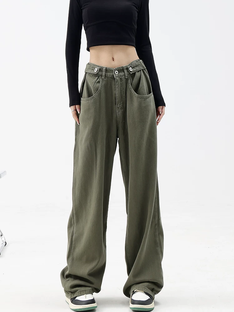 KEN STUDIO Quần jean ống đứng lưng cao màu xanh lá cây mùa xuân và mùa thu dành cho nữ, quần ống rộng lưng cao và lưng thấp có thể điều chỉnh.