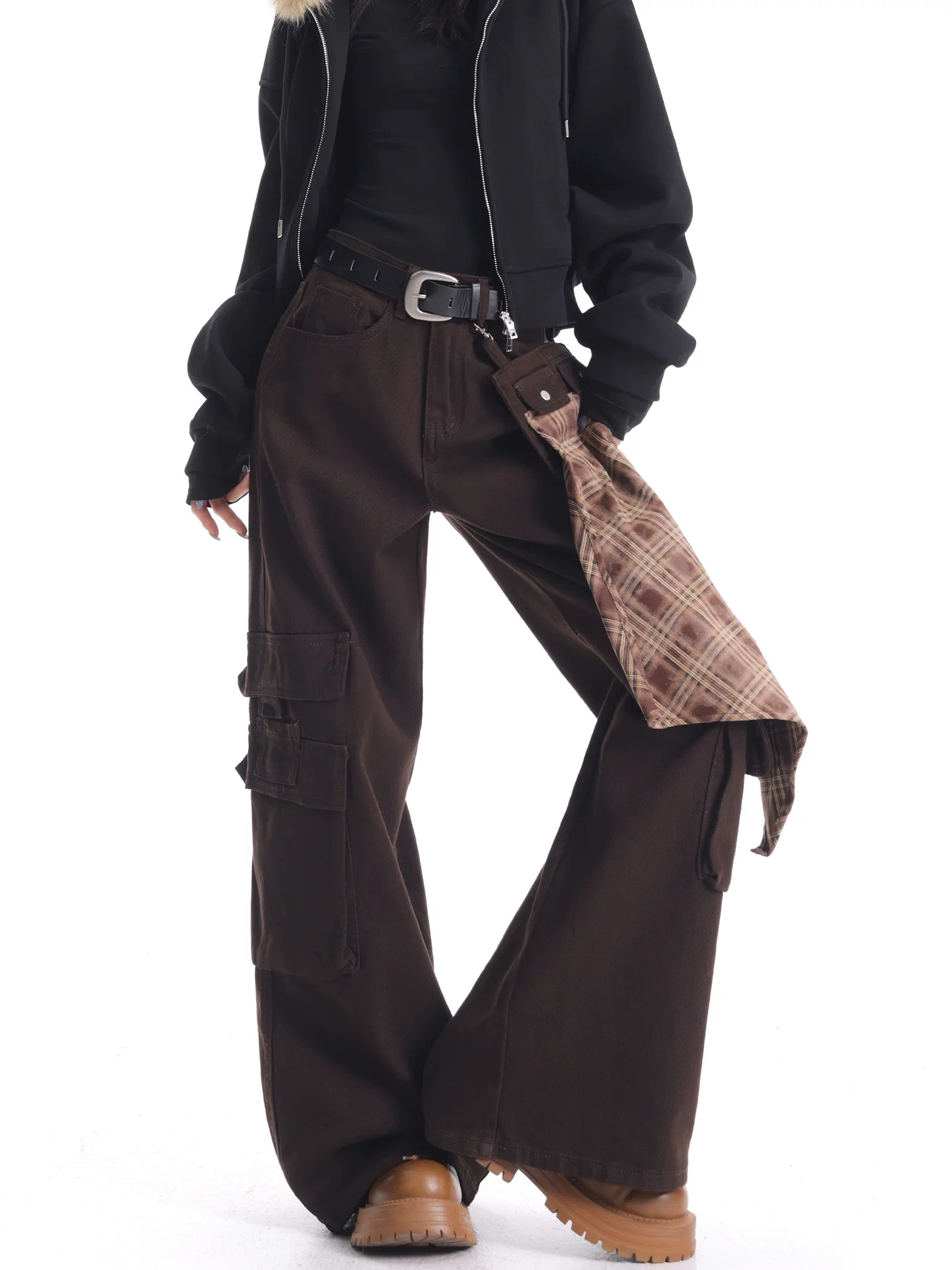 KEN STUDIO quần jean công sở màu cà phê mới thu đông dành cho nữ, quần dài dáng rộng, quần ống rộng, quần dài