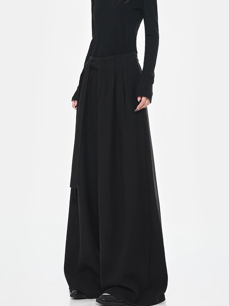 Quần tây dày màu đen thu đông của KEN STUDIO dành cho nữ, quần ống rộng thiết kế thắt lưng cao, dáng rộng, thoải mái