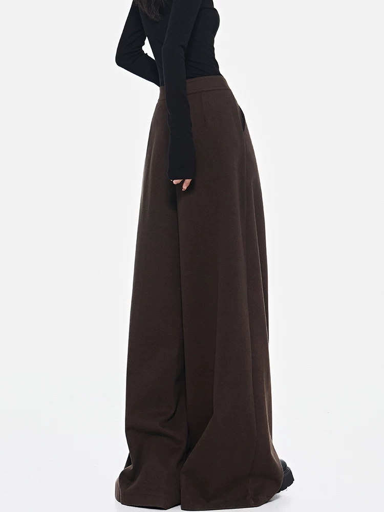 KEN STUDIO Quần len dày màu cà phê mới dành cho nữ mùa thu đông, quần ống rộng thiết kế nút chéo phong cách Melard