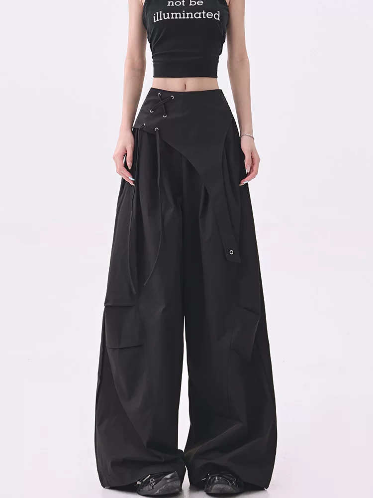 KEN STUDIO quần âu thiết kế dây ruy băng màu đen dành cho nữ, quần ống rộng lưng cao đa năng mùa hè