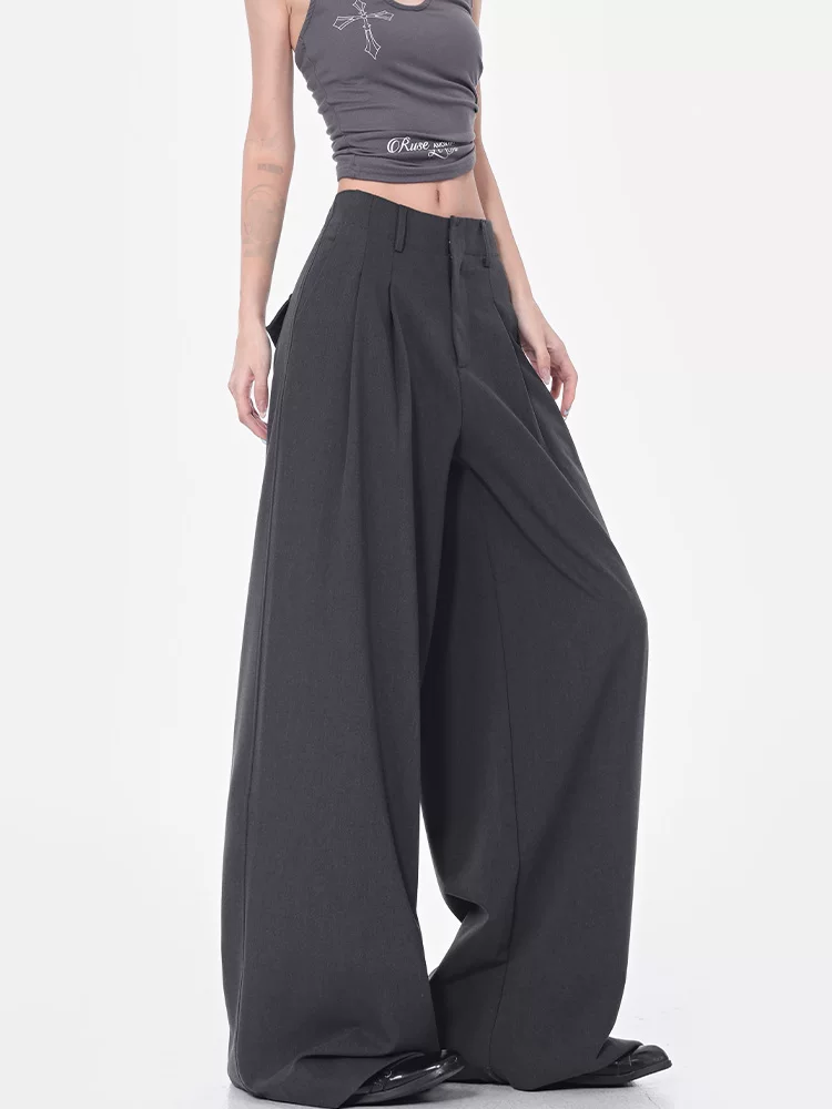 KEN STUDIO mùa hè phong cách mới quần tây xếp ly mỏng màu xám dành cho nữ quần tây xếp ly lưng cao dáng rộng quần ống rộng