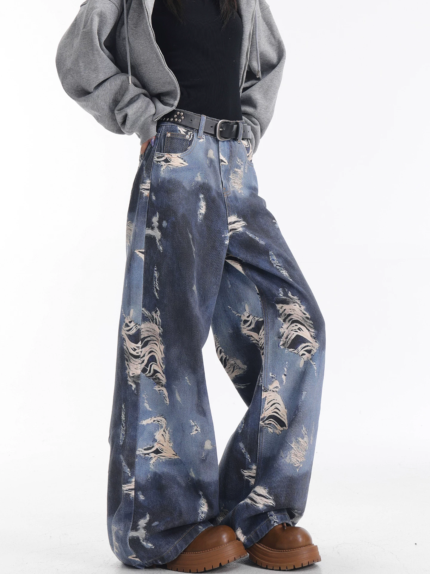 KEN STUDIO quần jean ống rộng nhuộm màu theo phong cách cổ điển Mỹ mới dành cho nữ, quần dài dáng rộng và tôn dáng