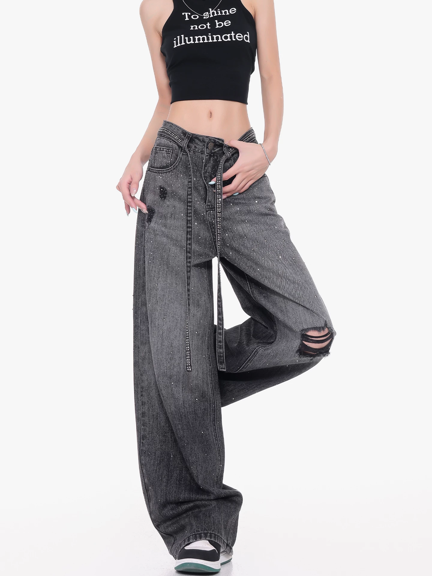 KEN STUDIO Quần jean rách đính đá cao cấp của Mỹ dành cho nữ, quần dài ống rộng lưng cao mùa hè mới