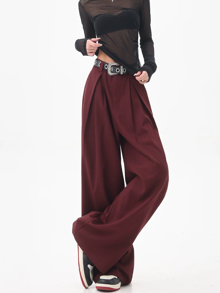 Quần tây ống rộng xếp ly cao cấp màu đỏ tía của KEN STUDIO dành cho nữ, quần âu dáng rộng lưng cao mùa hè mới