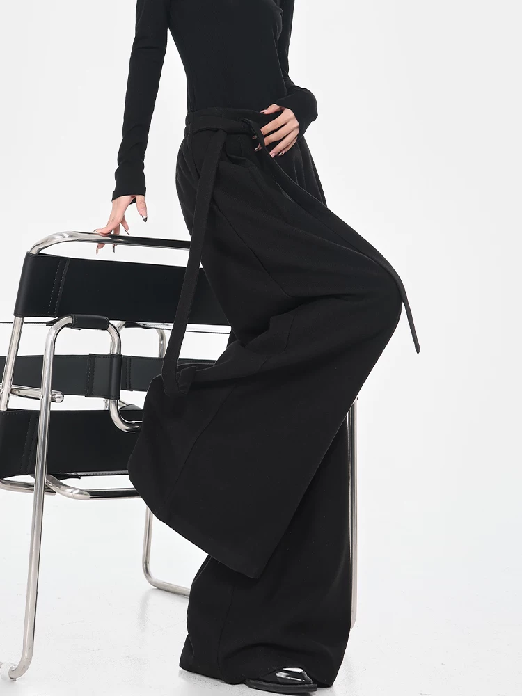 Quần tây dày màu đen thu đông của KEN STUDIO dành cho nữ, quần ống rộng thiết kế thắt lưng cao, dáng rộng, thoải mái