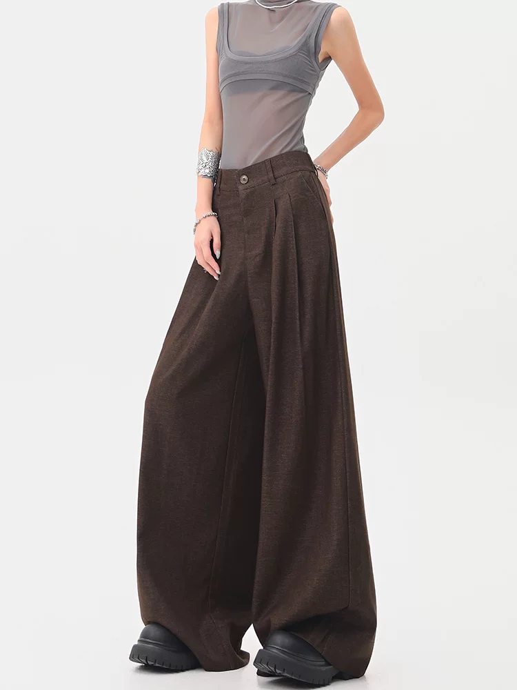 KEN STUDIO Xuân Thu Quần tây màu nâu Melard mới dành cho nữ Quần tây ống rộng có eo bán co giãn dài đến sàn