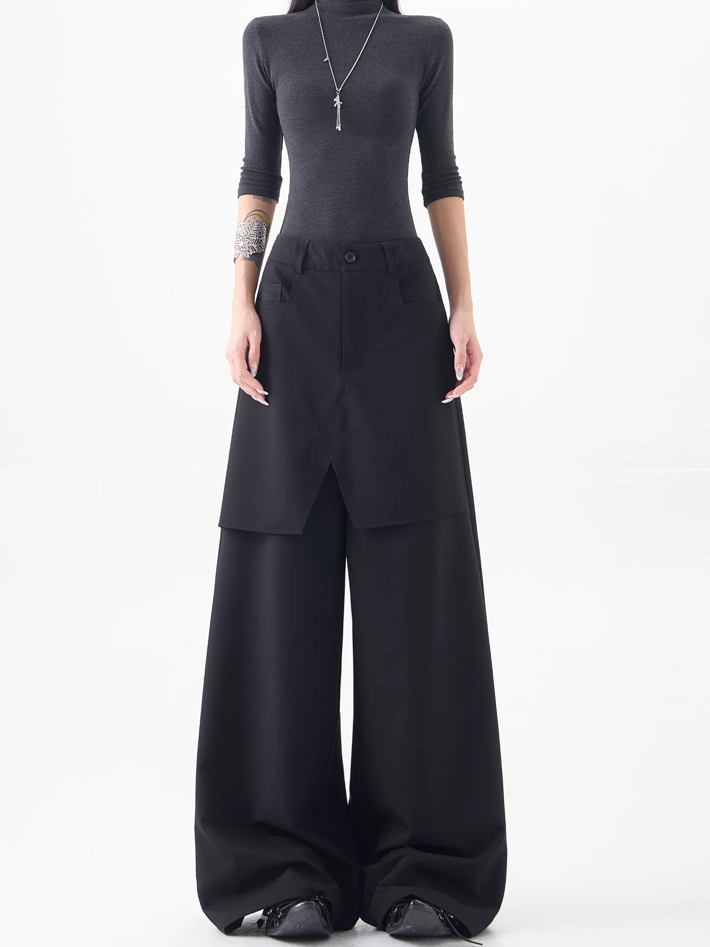 Quần tây ống rộng thiết kế chắp vá màu đen của KEN STUDIO dành cho nữ, quần dài ống đứng dáng rộng, dáng suông, dài đến sàn