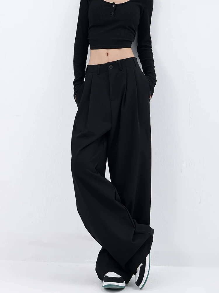 Quần vest thường ngày màu đen của KEN STUDIO dành cho nữ, quần ống rộng dáng rộng, quần ống thẳng, quần vest.