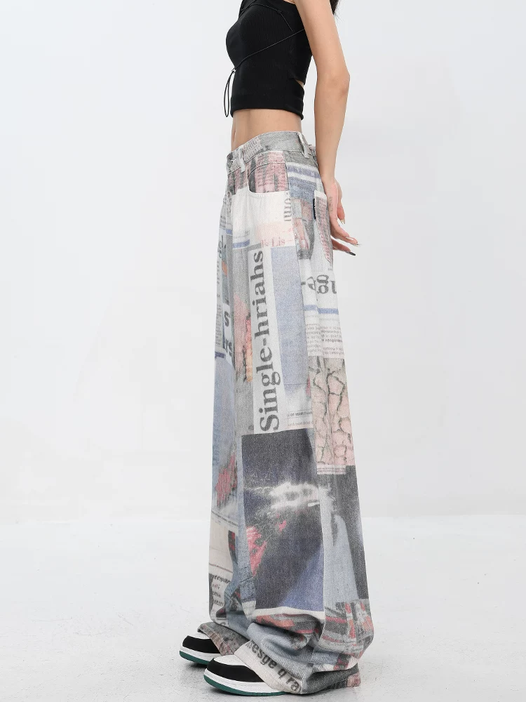 KEN STUDIO nguyên bản mùa xuân thu phong cách mới kiểu Mỹ cổ điển in báo thiết kế quần jean ống rộng dài đến sàn