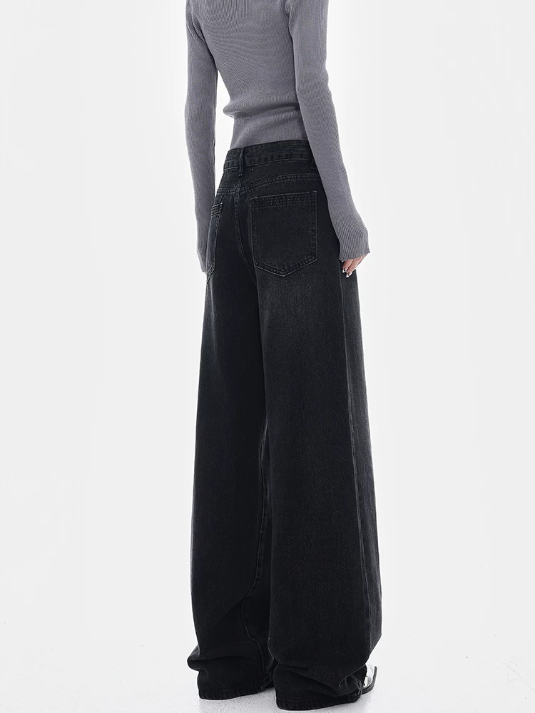 KEN STUDIO2025 Xuân Thu Mới Quần Jean Thẳng Màu Đen Giặt Mềm Nữ Quần Ống Rộng Đa Năng Thường Ngày